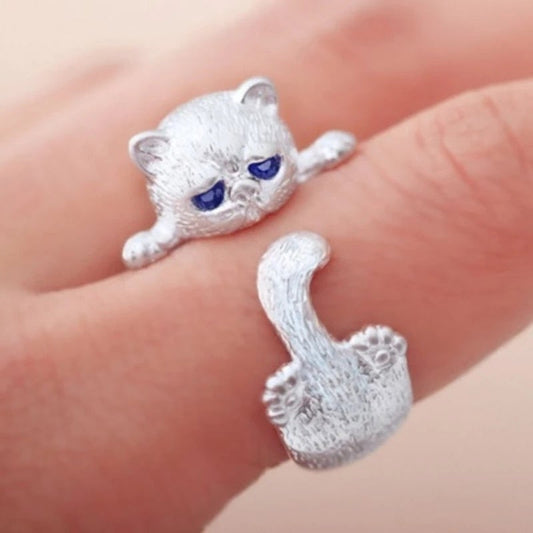 Bague chaton ajustable argent yeux bleus – Léo