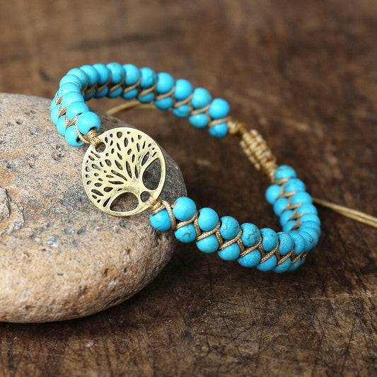 Bracelet pierres turquoise arbre de vie plaqué or – Léo
