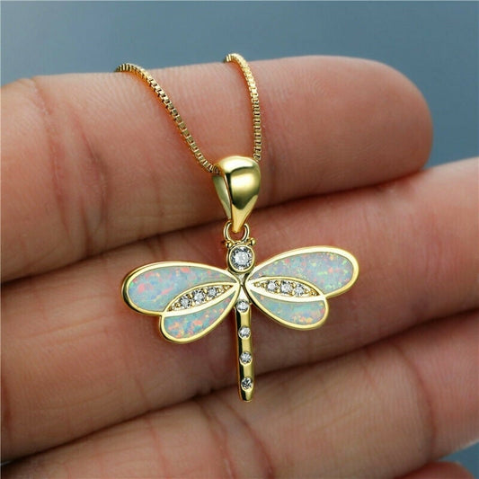Collier pendentif libellule or opale cristaux – Léo
