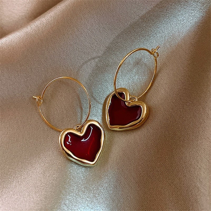 Créoles pendentif cœur rouge plaqué or – Léa