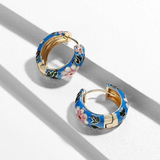 Créoles or émail bleu floral multicolore – Lila