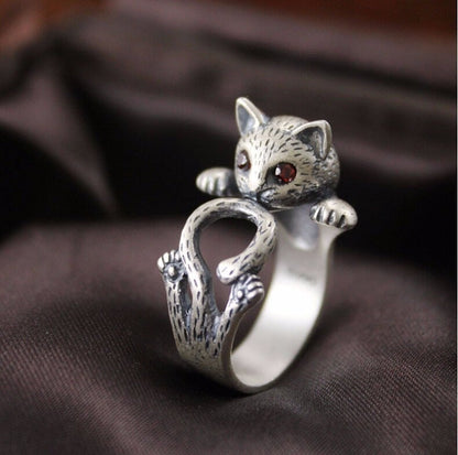 Bague ajustable chat peint main argent yeux rouges – Léo
