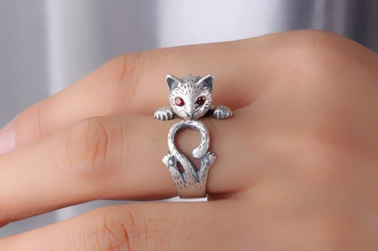 Bague ajustable chat peint main argent yeux rouges – Léo