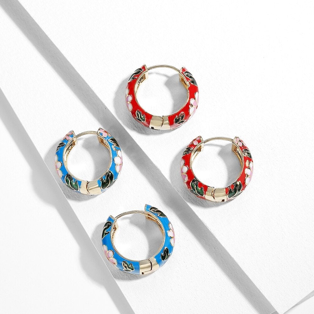 Créoles dorées émail bleu motif floral – Lila