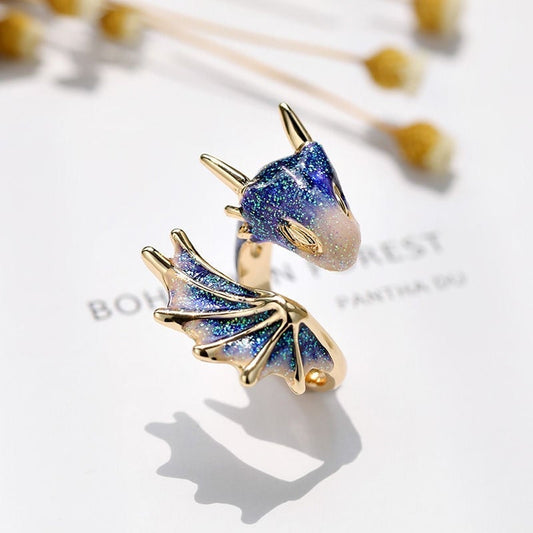 Bague ajustable dragon émail bleu or – Léo