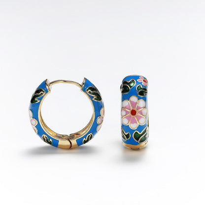 Créoles dorées émail bleu motif floral – Lila