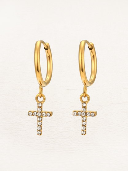 Créoles or pendentif croix cristaux – Lise