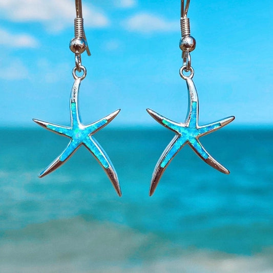 Boucles d’oreilles pendantes étoile de mer argent opale bleue – Léa