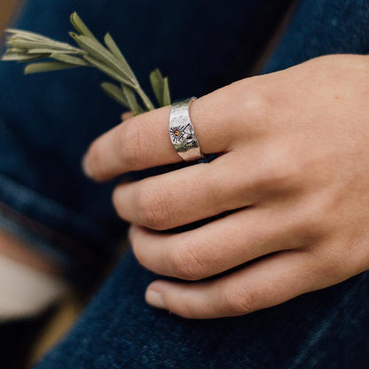 Bague argent motif montagne soleil pierre jaune – Léo