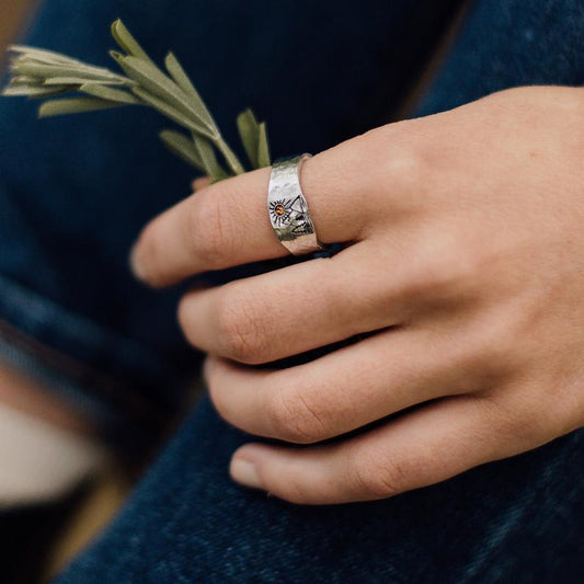 Bague argent motif montagne soleil pierre jaune – Léo