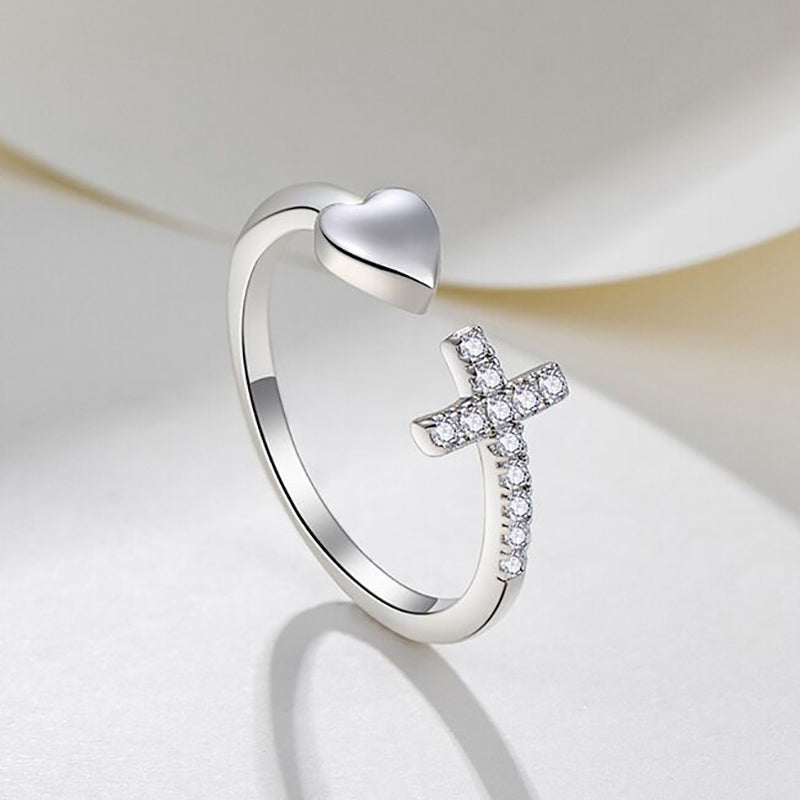 Bague ajustable cœur croix zirconium argent – Lise