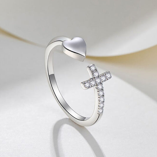 Bague ajustable cœur croix zirconium argent – Lise