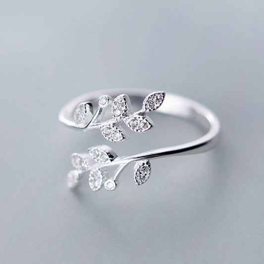 Bague feuille argentée zircon – Léo