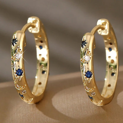 Boucles d'Oreilles Dorées Vintage avec Zirconia Bleue