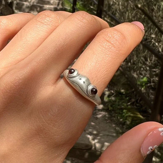 Bague ajustable grenouille argent pierres noires – Léo
