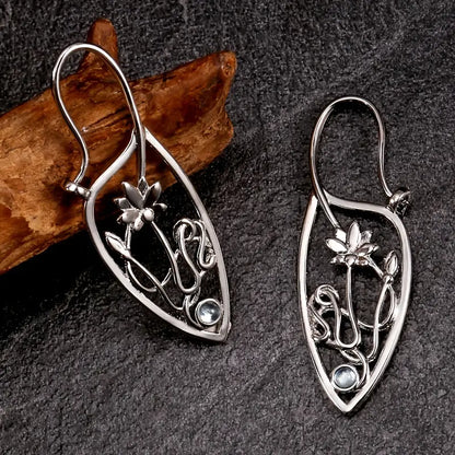 Boucles d'Oreilles Pendantes en Argenté Lotus Creux Vintage