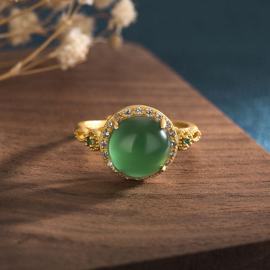 Bague or pierre jade ronde zircons – Lila