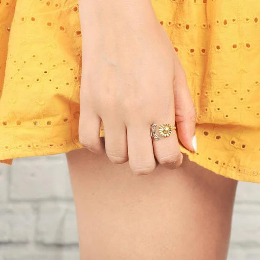 Bague tournesol plaqué or feuille argent – Léo
