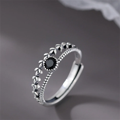 Bague argent pierre noire feuilles fines – Léo