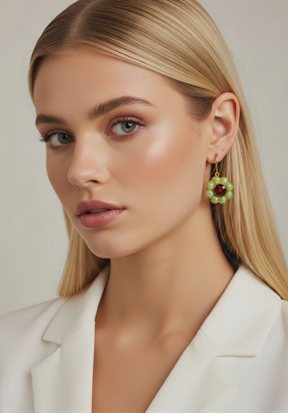 Boucles d'Oreilles Vintage Rondes avec Cristaux Verts et Rouges