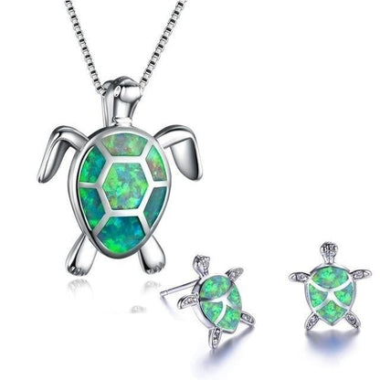 Collier et boucles d’oreilles tortue argent opale bleue – Léo