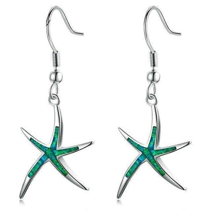 Boucles d’oreilles pendantes étoile de mer argent opale bleue – Lise