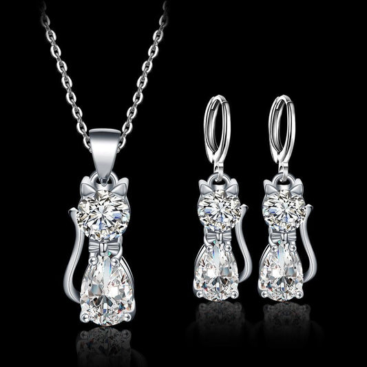 Collier et boucles d’oreilles chats argent zirconium – Léo