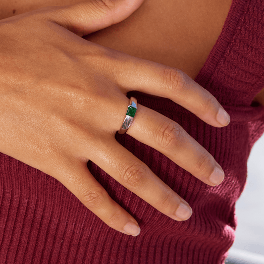Bague argent pierre verte rectangulaire – Léo