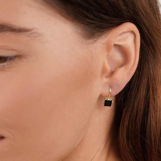 Boucles d’oreilles pendantes pierre noire plaqué or – Lise