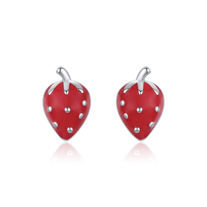 Clous d’oreilles fraise rouge argent – Léo
